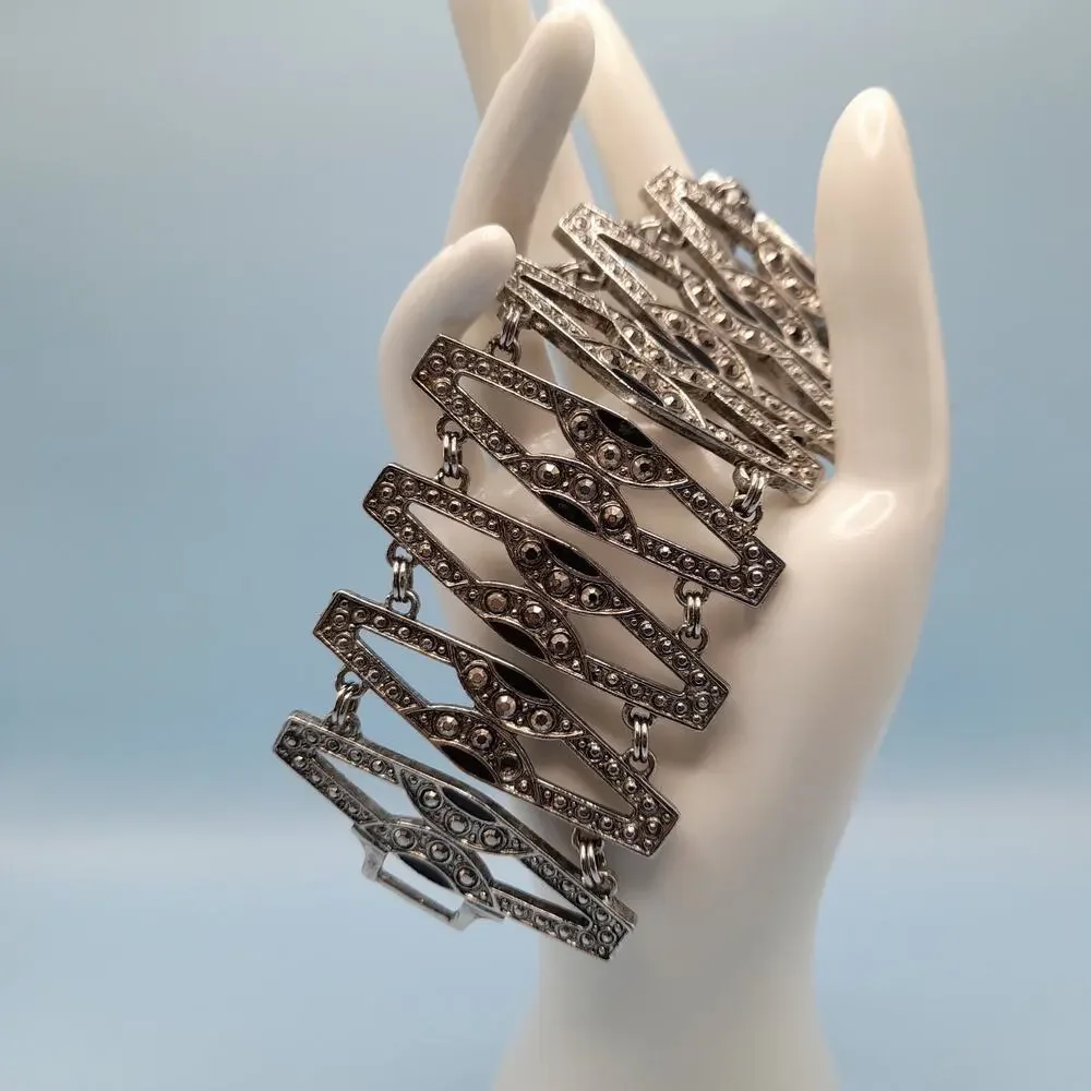 Vintage Art Deco Faux Marcasite Rhinestone Wide Bracelet, 7 1/4 Inches, 1980s